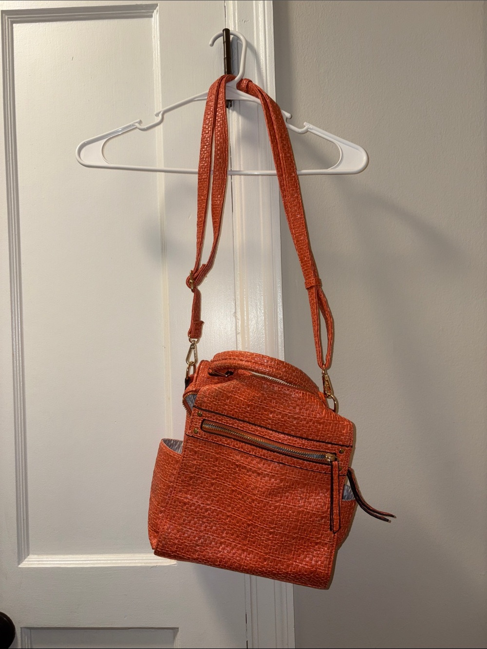 Never Used Buckle Orange Woven Crossbody Bag with Front Zip Pocket